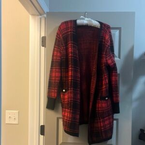 Red and Black Plaid Long Cardigan Sweater